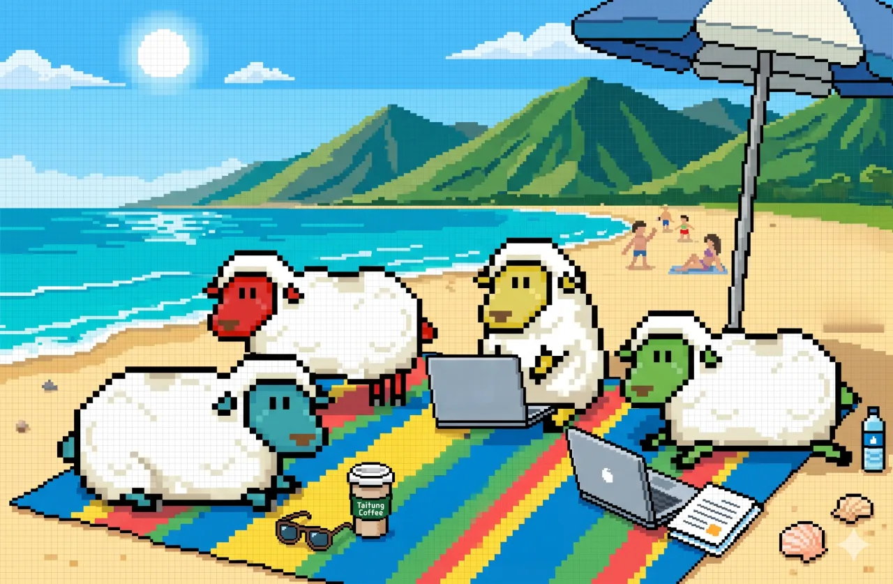 Four pixel sheep working on the beach