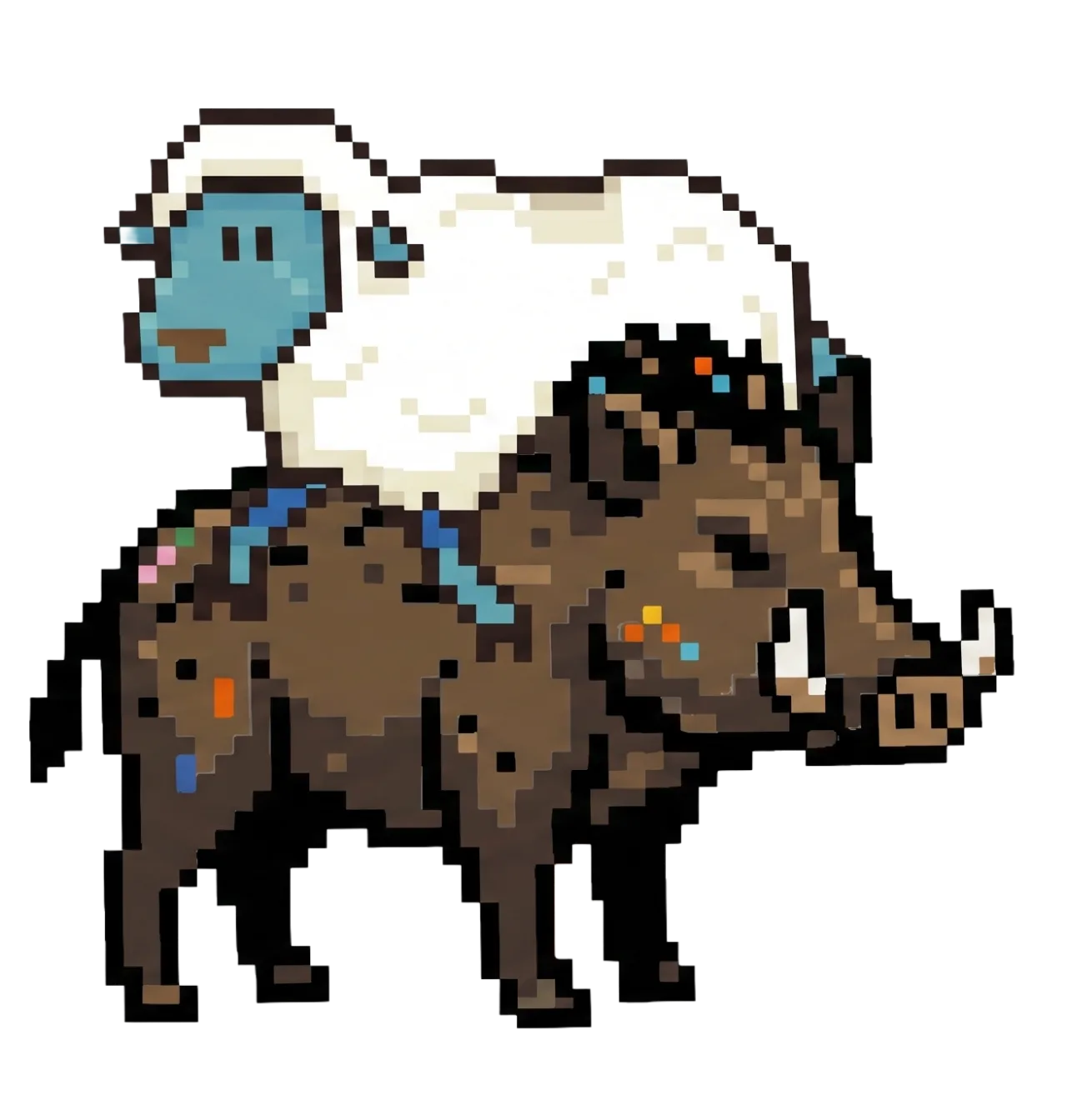 Pixel sheep riding a wild boar