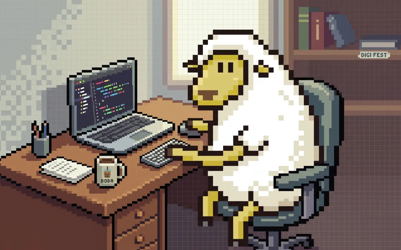 Pixel sheep working at a laptop