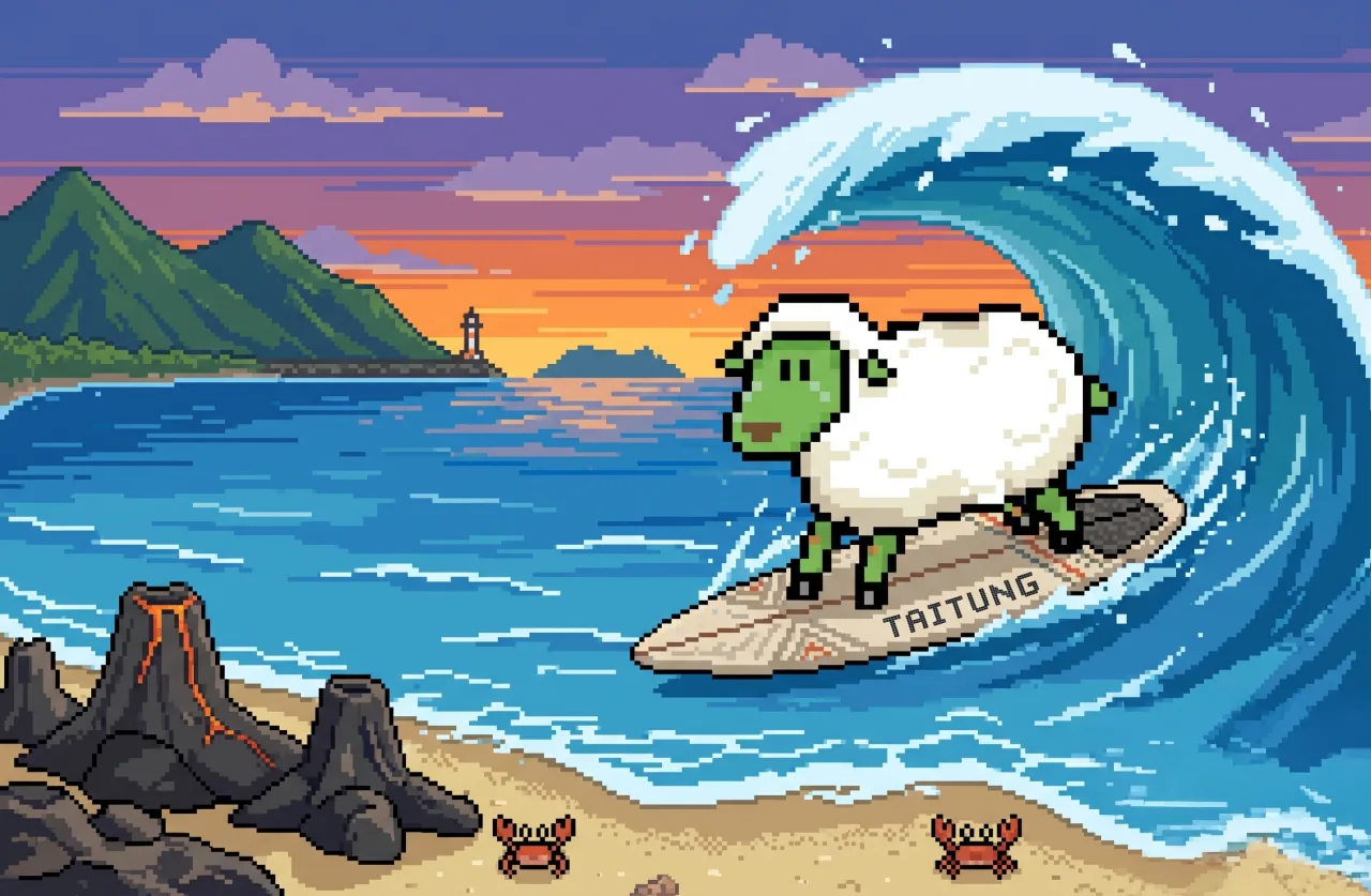 Pixel sheep surfing a wave